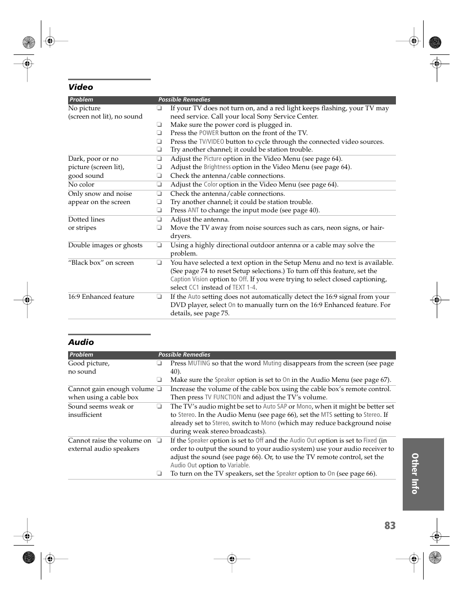 Video, Audio | Sony KV-36HS510 User Manual | Page 84 / 90