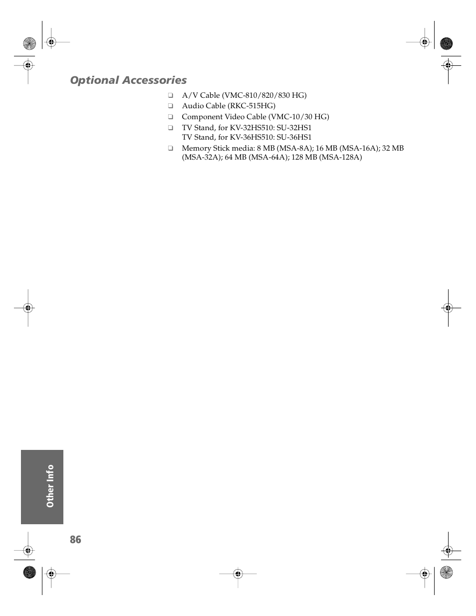 Optional accessories | Sony KV-36HS510 User Manual | Page 87 / 90