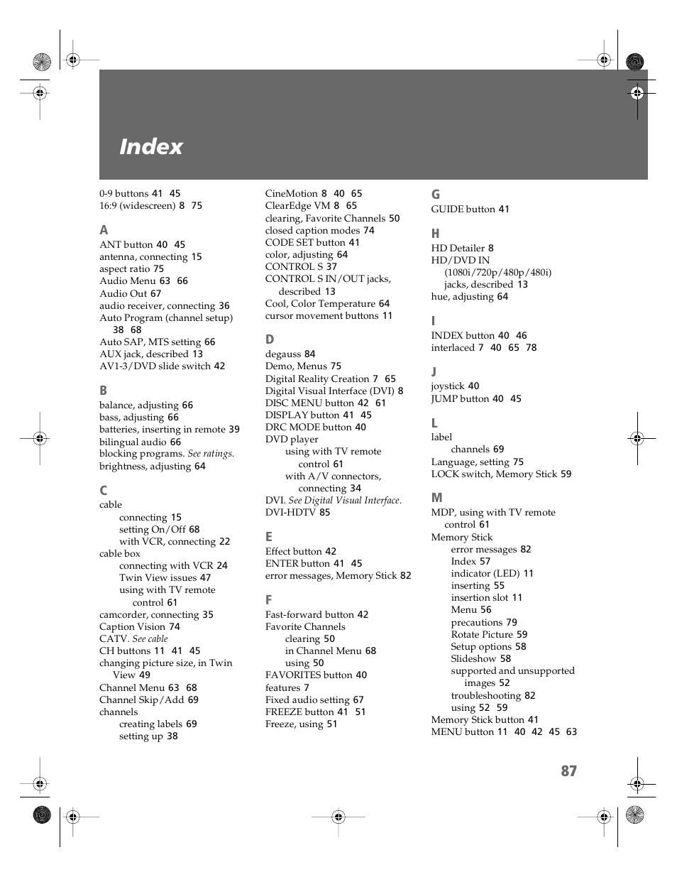 Index | Sony KV-36HS510 User Manual | Page 88 / 90