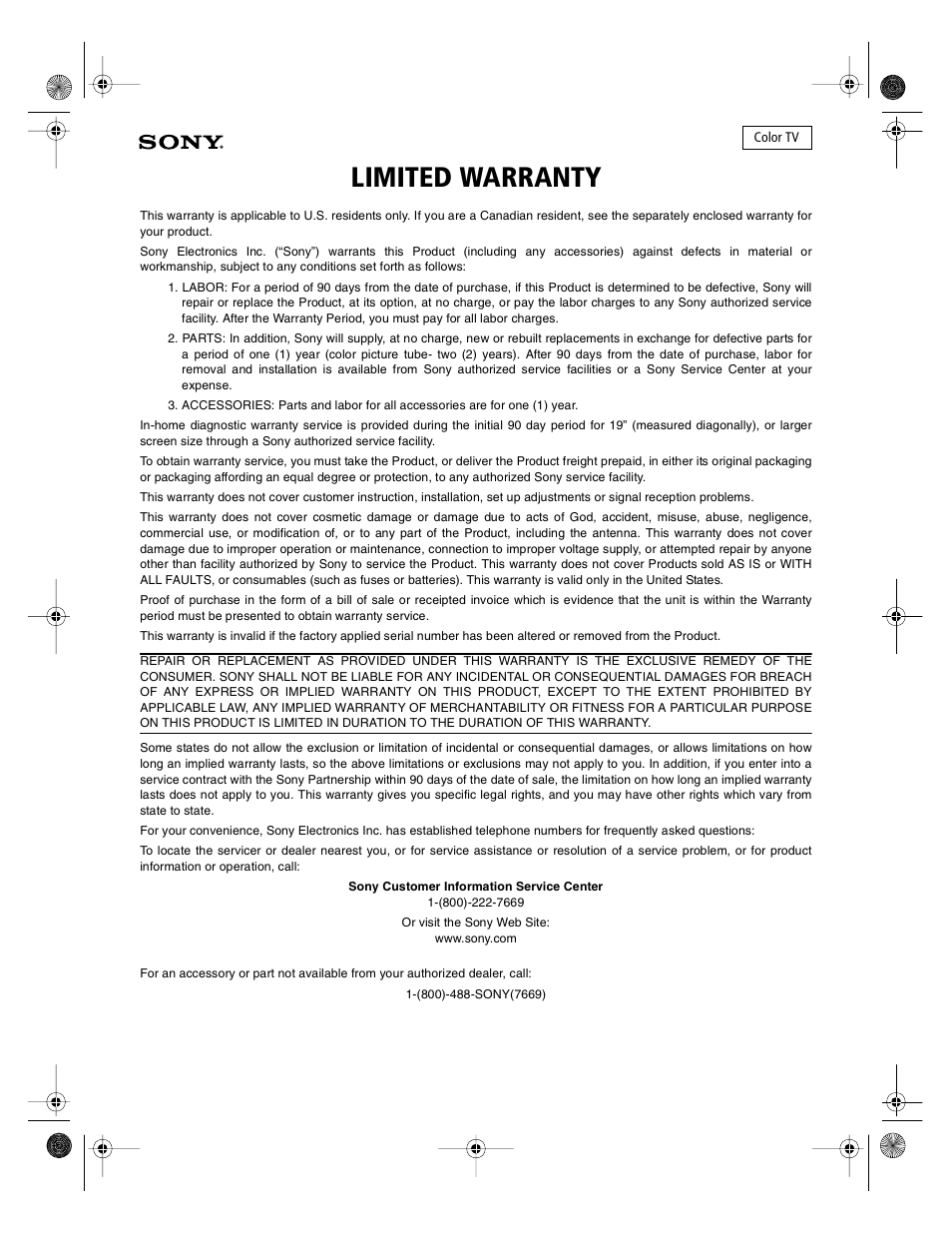 Limited warranty | Sony KV-36HS510 User Manual | Page 90 / 90
