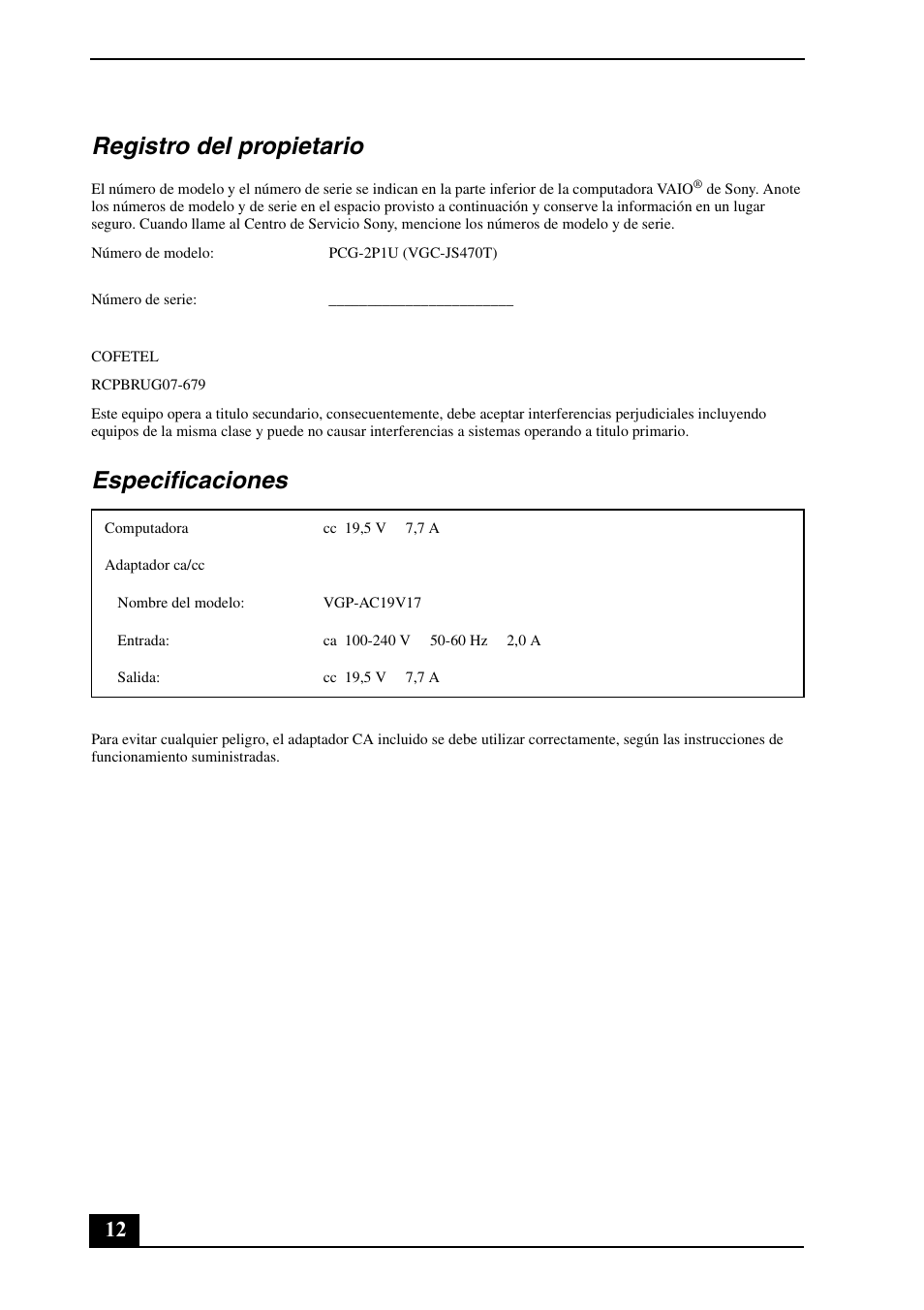 Registro del propietario, Especificaciones | Sony VGC-JS430F User Manual | Page 12 / 16