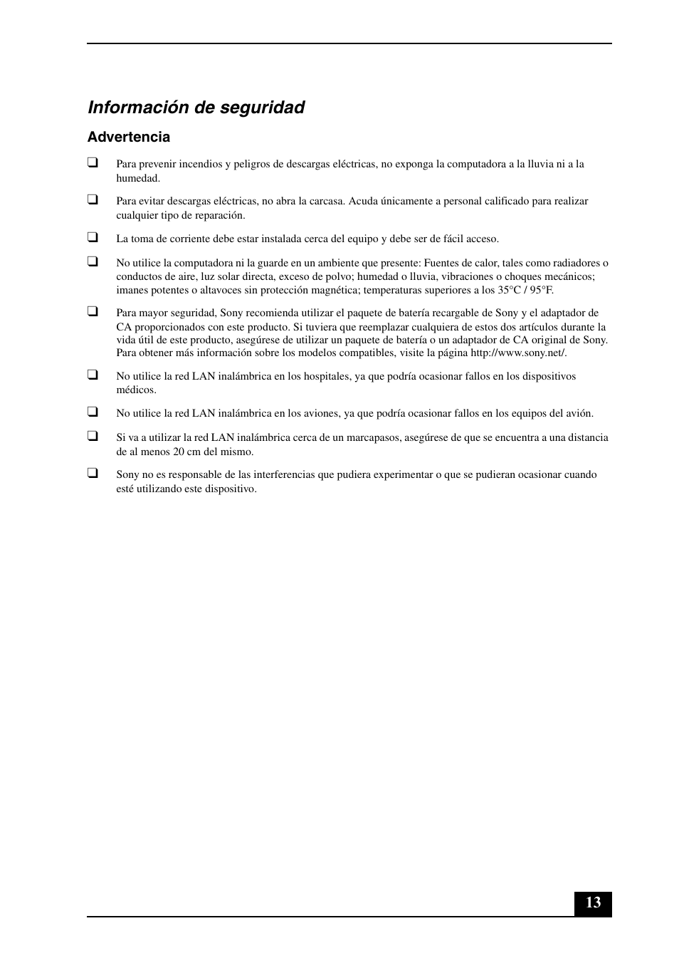 Información de seguridad | Sony VGC-JS430F User Manual | Page 13 / 16