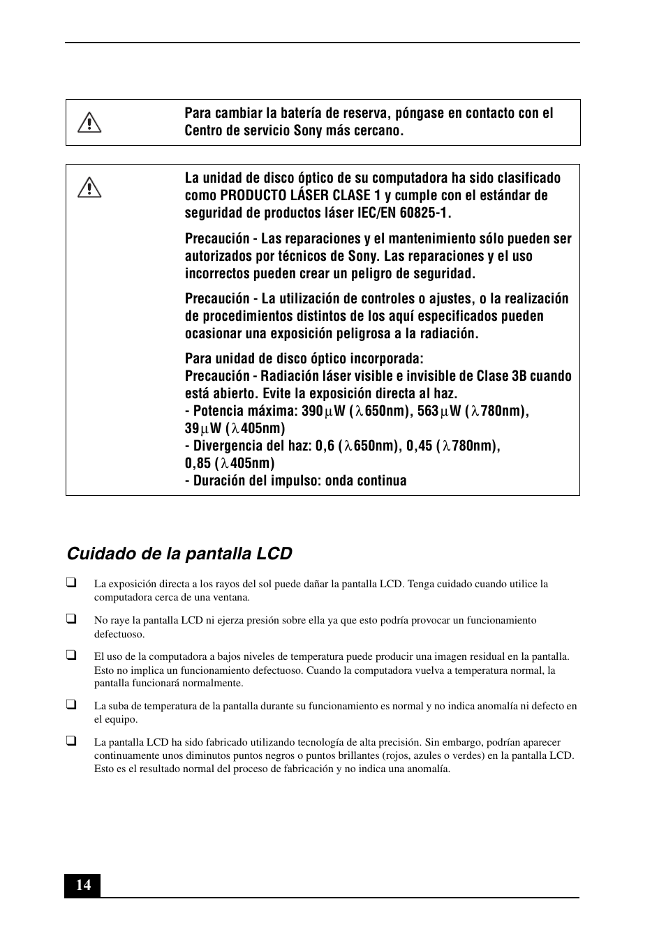 Cuidado de la pantalla lcd | Sony VGC-JS430F User Manual | Page 14 / 16