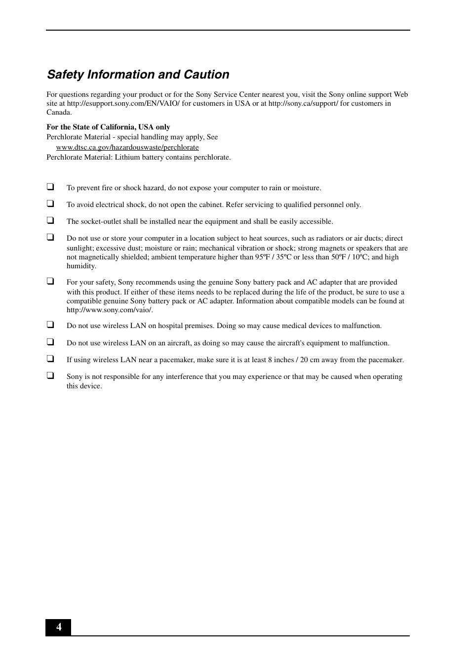 Safety information and caution | Sony VGC-JS430F User Manual | Page 4 / 16