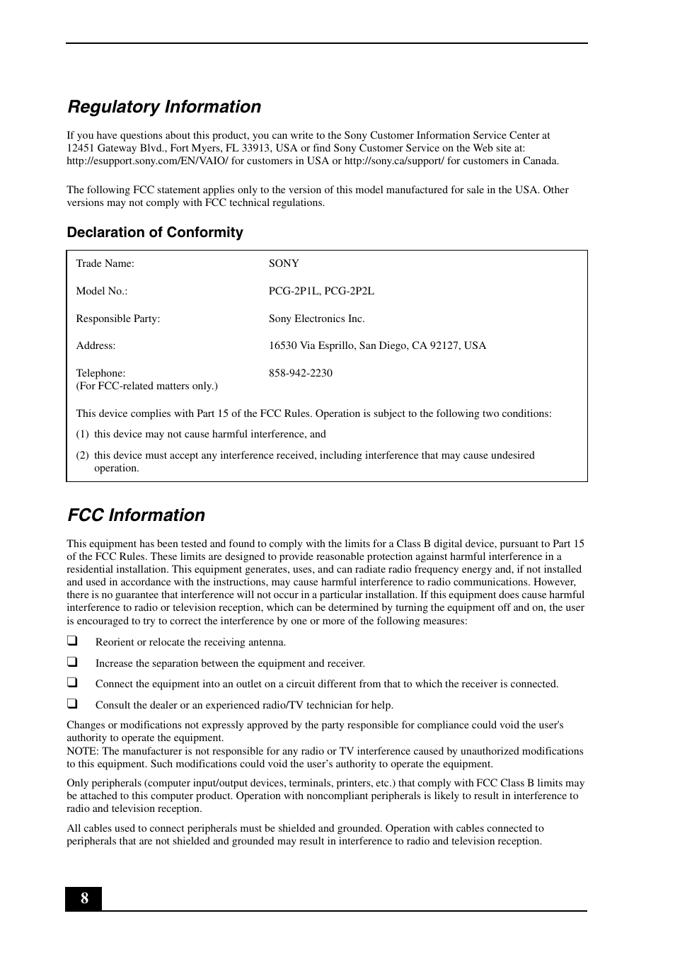 Regulatory information, Fcc information, Declaration of conformity | Sony VGC-JS430F User Manual | Page 8 / 16