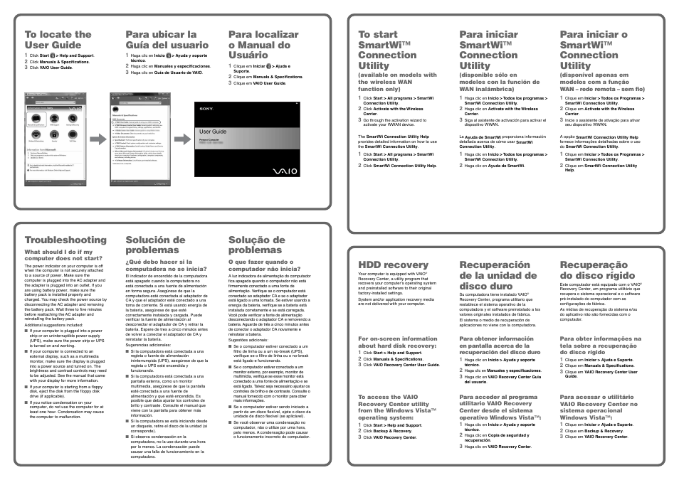 Troubleshooting, Solución de problemas, Para ubicar la guía del usuario | Para localizar o manual do usuário, Solução de problemas, Para iniciar smartwi™ connection utility, Para iniciar o smartwi™ connection utility, Hdd recovery, Recuperación de la unidad de disco duro, Recuperação do disco rígido | Sony VGN-TZ160N User Manual | Page 2 / 2