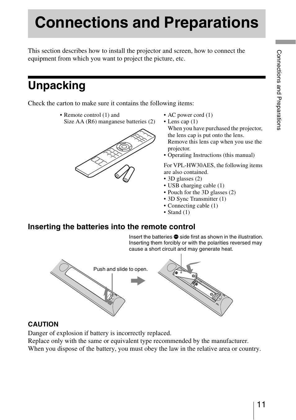 Connections and preparations, Unpacking | Sony VPL-HW30ES User Manual | Page 11 / 91