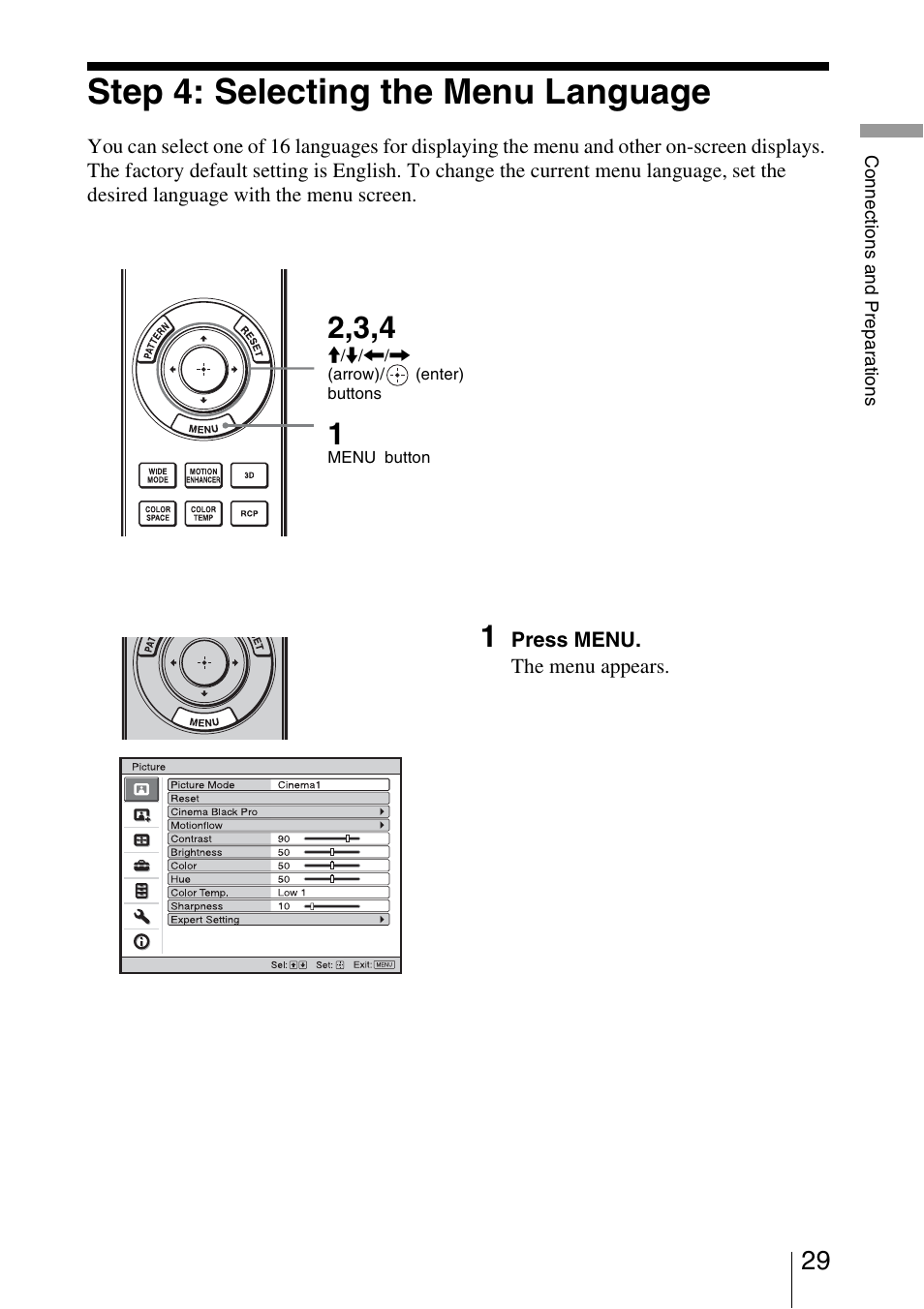 Step 4: selecting the menu language | Sony VPL-HW30ES User Manual | Page 29 / 91