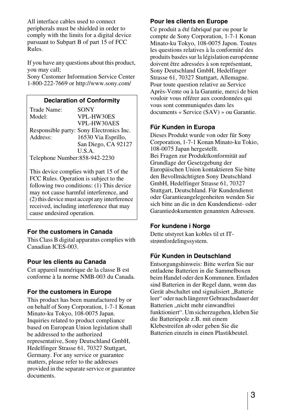 Sony VPL-HW30ES User Manual | Page 3 / 91