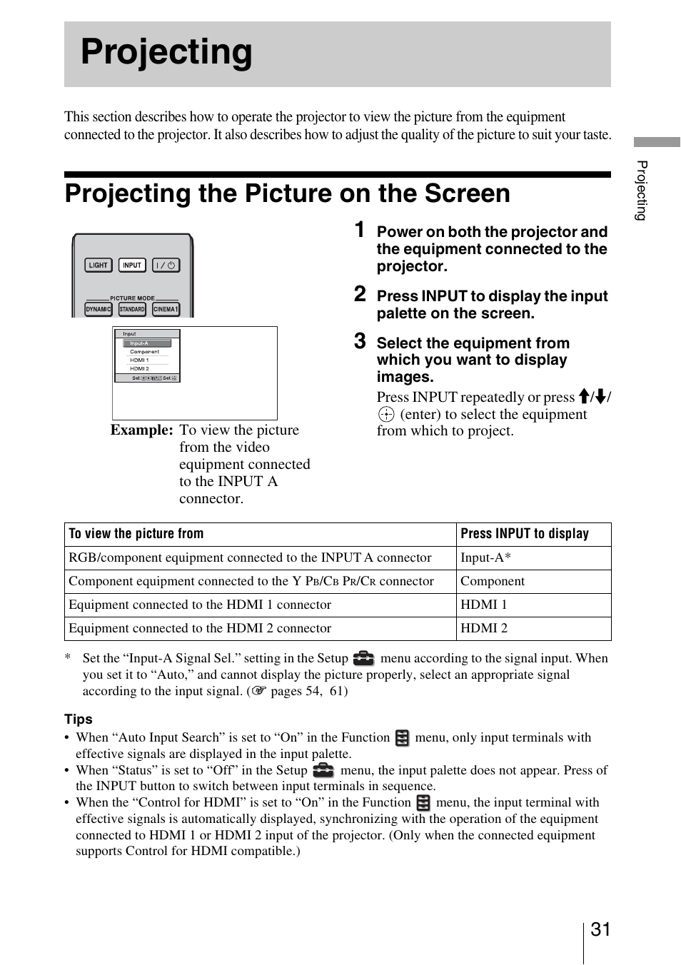 Projecting, Projecting the picture on the screen | Sony VPL-HW30ES User Manual | Page 31 / 91