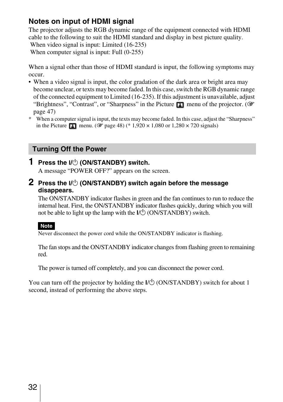 Turning off the power | Sony VPL-HW30ES User Manual | Page 32 / 91