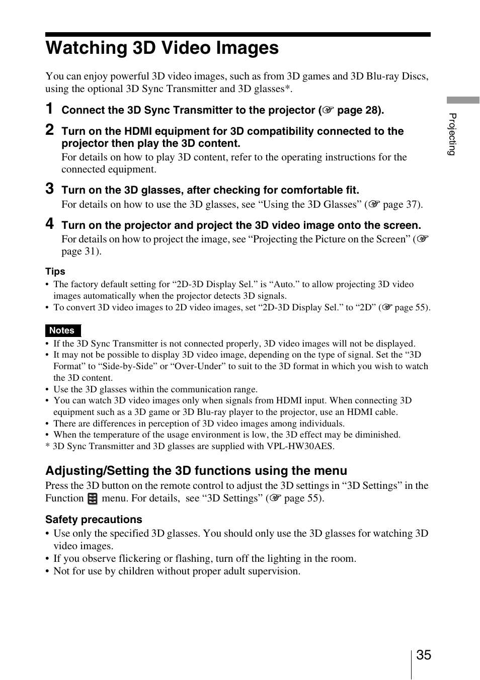 Watching 3d video images | Sony VPL-HW30ES User Manual | Page 35 / 91