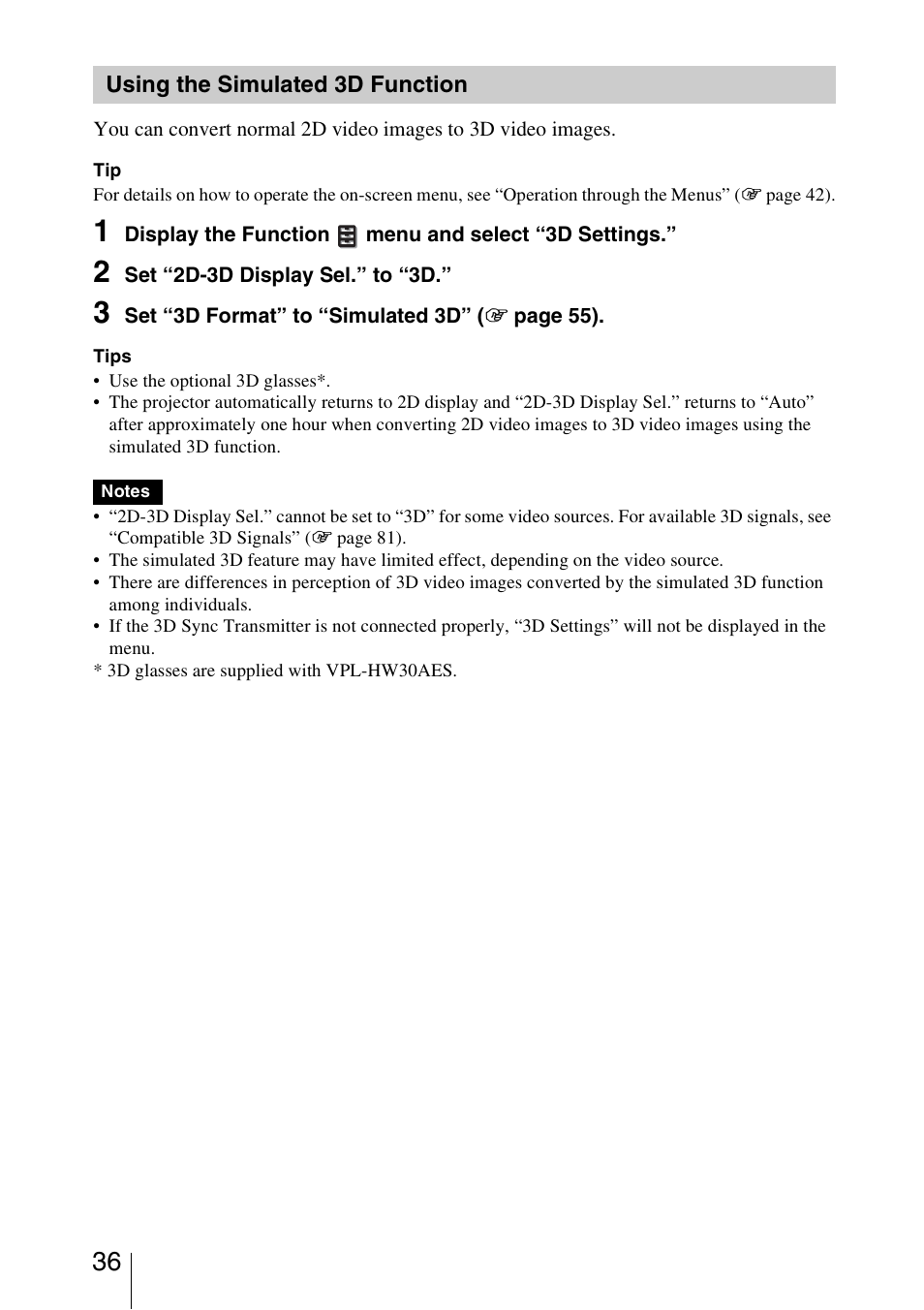 Using the simulated 3d function | Sony VPL-HW30ES User Manual | Page 36 / 91