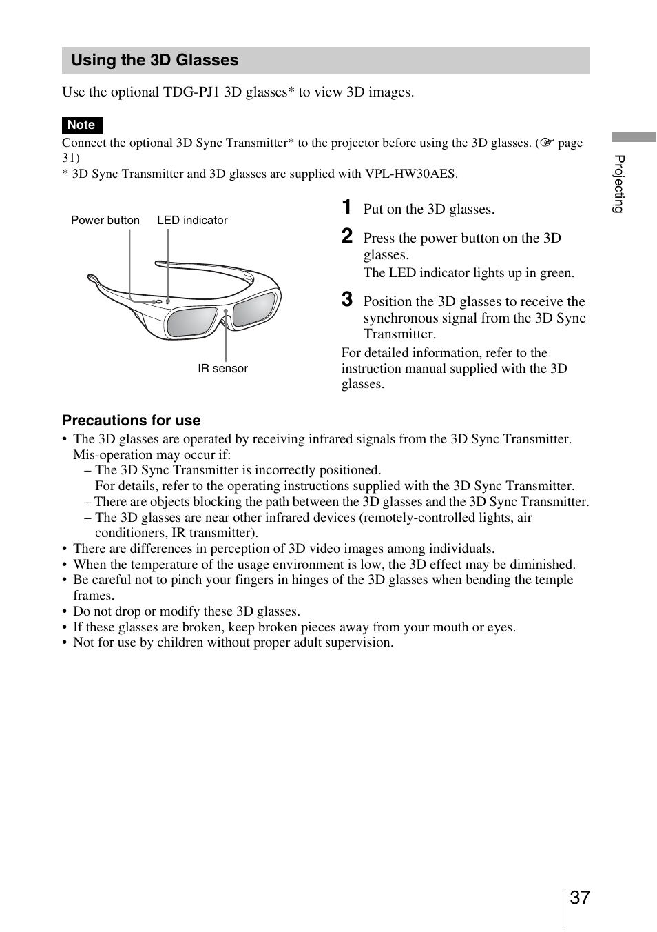 Using the 3d glasses, See “using the 3d glasses | Sony VPL-HW30ES User Manual | Page 37 / 91