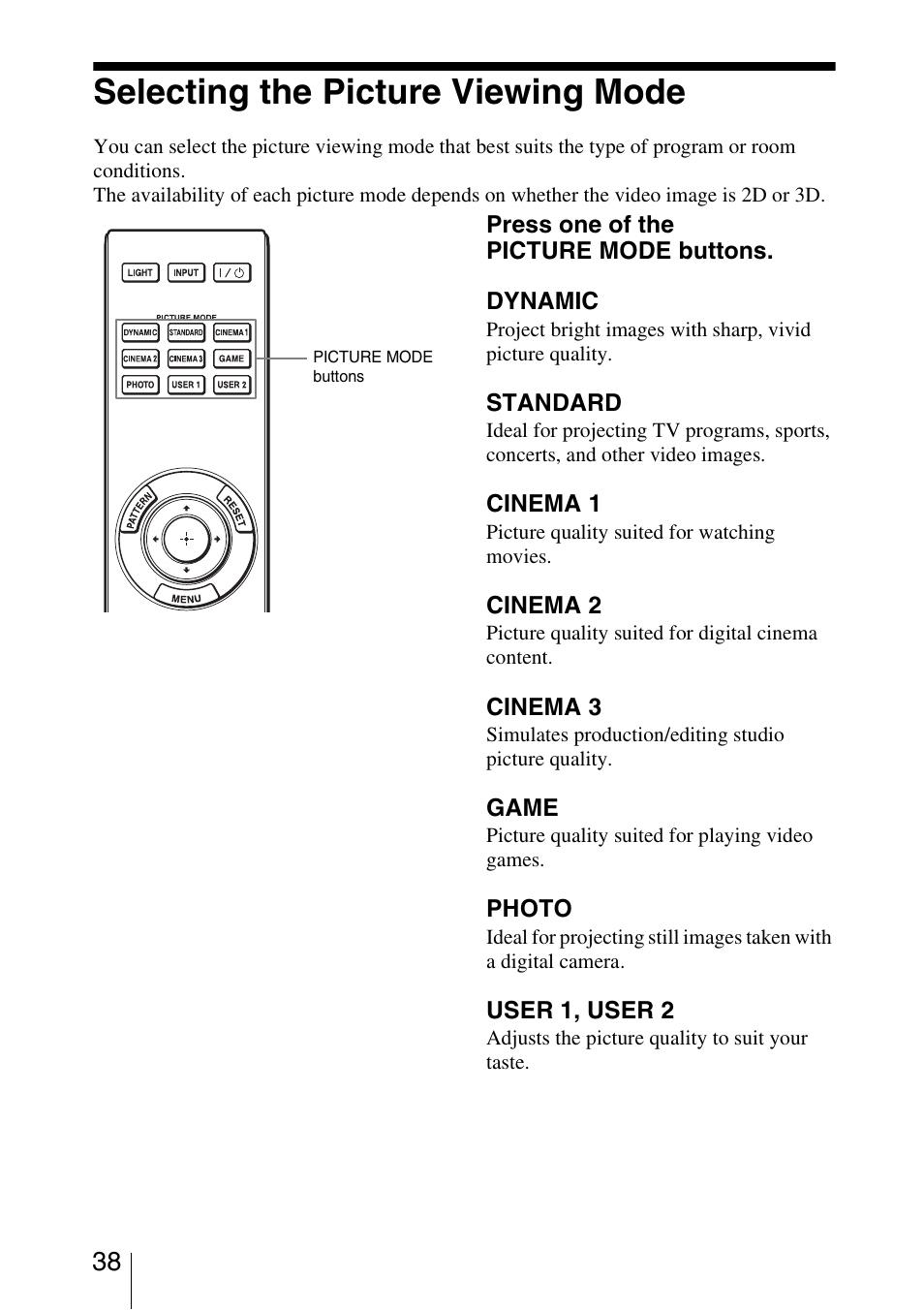 Selecting the picture viewing mode | Sony VPL-HW30ES User Manual | Page 38 / 91