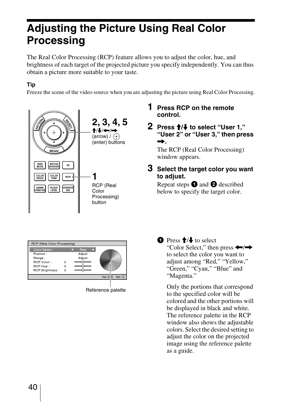 Adjusting the picture using real color processing | Sony VPL-HW30ES User Manual | Page 40 / 91