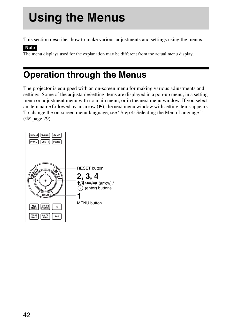 Using the menus, Operation through the menus | Sony VPL-HW30ES User Manual | Page 42 / 91