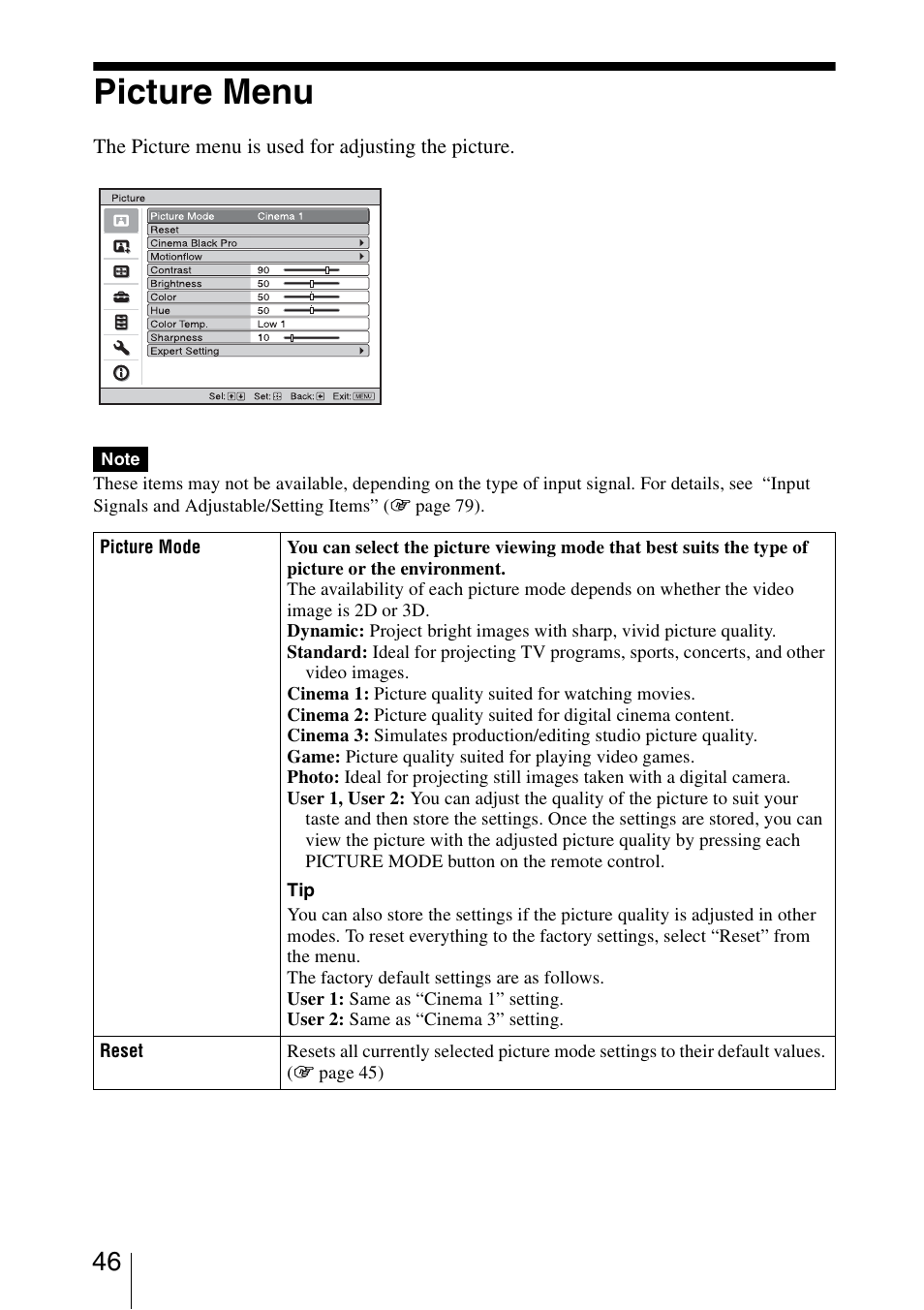 Picture menu | Sony VPL-HW30ES User Manual | Page 46 / 91