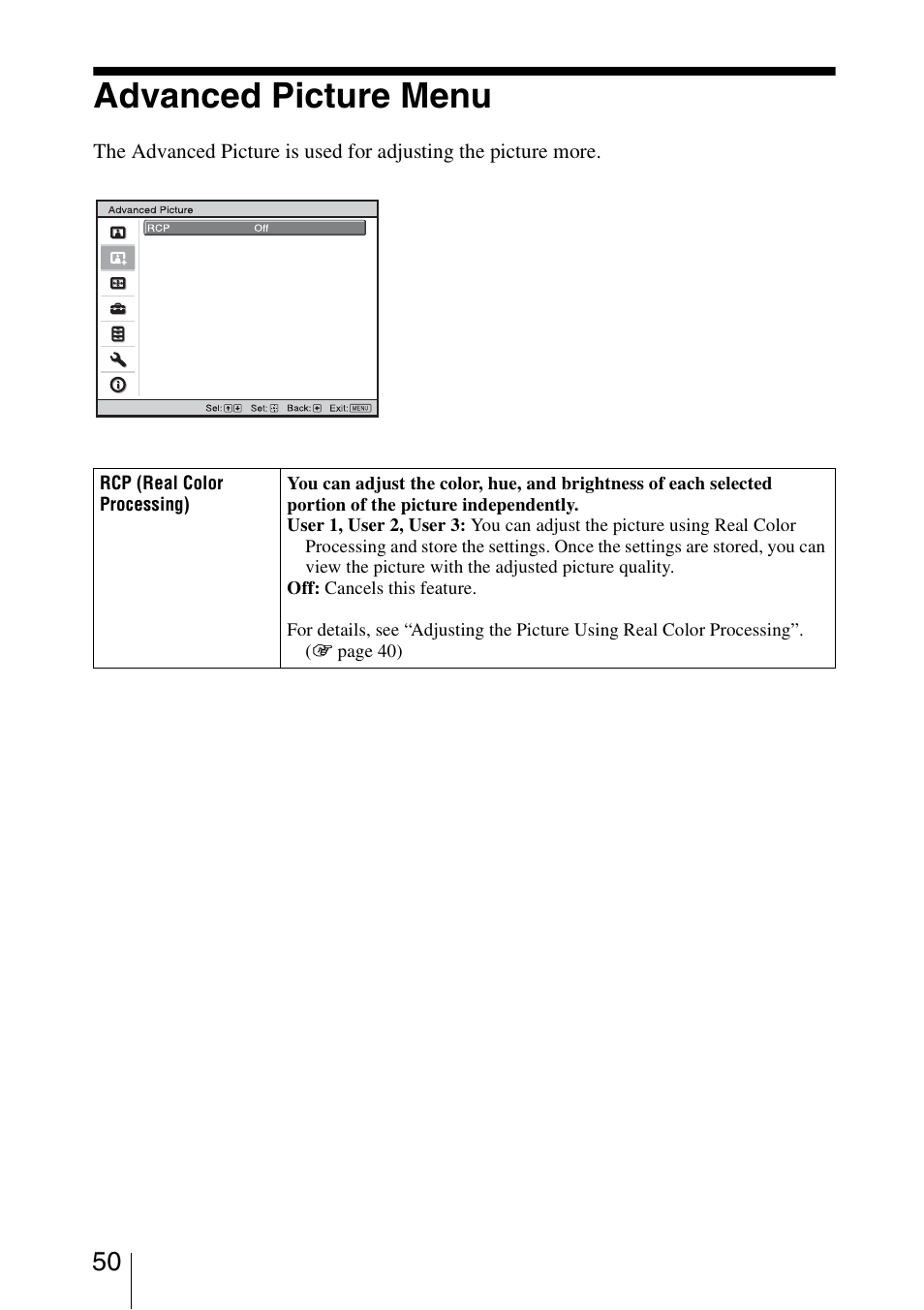 Advanced picture menu | Sony VPL-HW30ES User Manual | Page 50 / 91