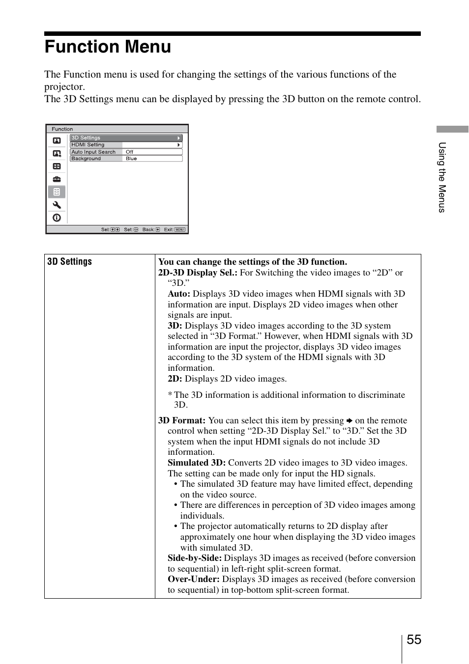 Function menu, E “3d settings | Sony VPL-HW30ES User Manual | Page 55 / 91