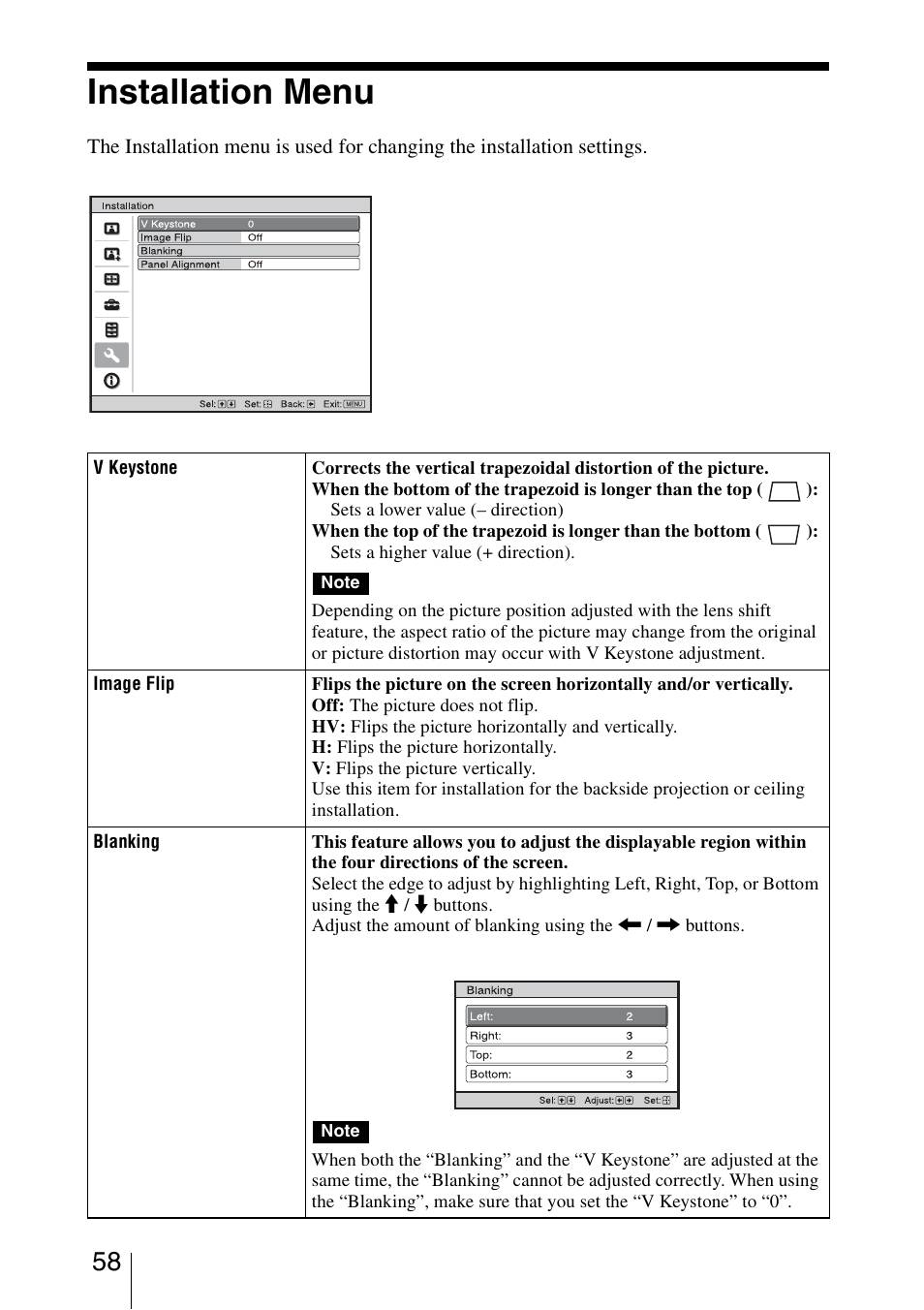 Installation menu | Sony VPL-HW30ES User Manual | Page 58 / 91