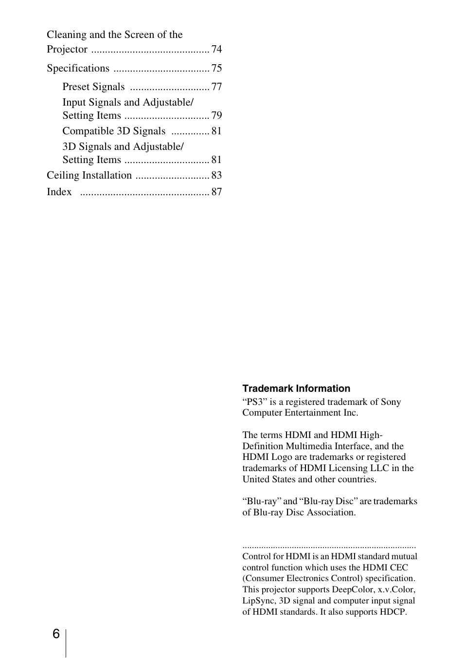 Sony VPL-HW30ES User Manual | Page 6 / 91
