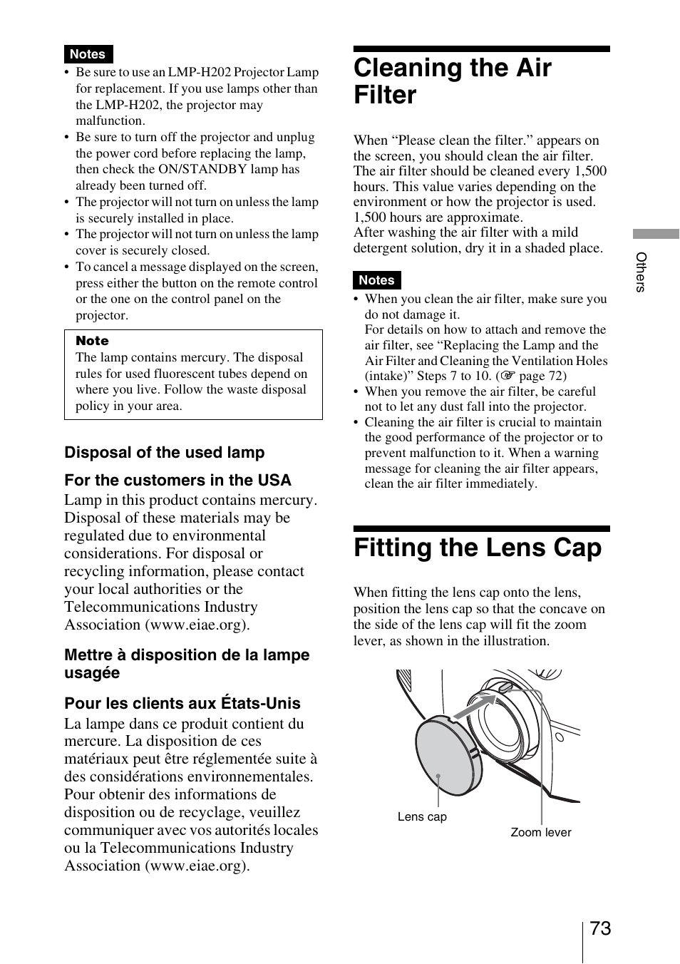 Cleaning the air filter, Fitting the lens cap | Sony VPL-HW30ES User Manual | Page 73 / 91