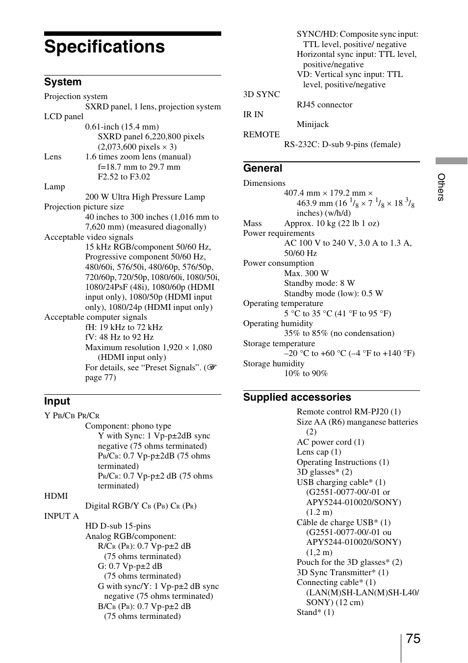 Specifications, System, Input | General, Supplied accessories | Sony VPL-HW30ES User Manual | Page 75 / 91