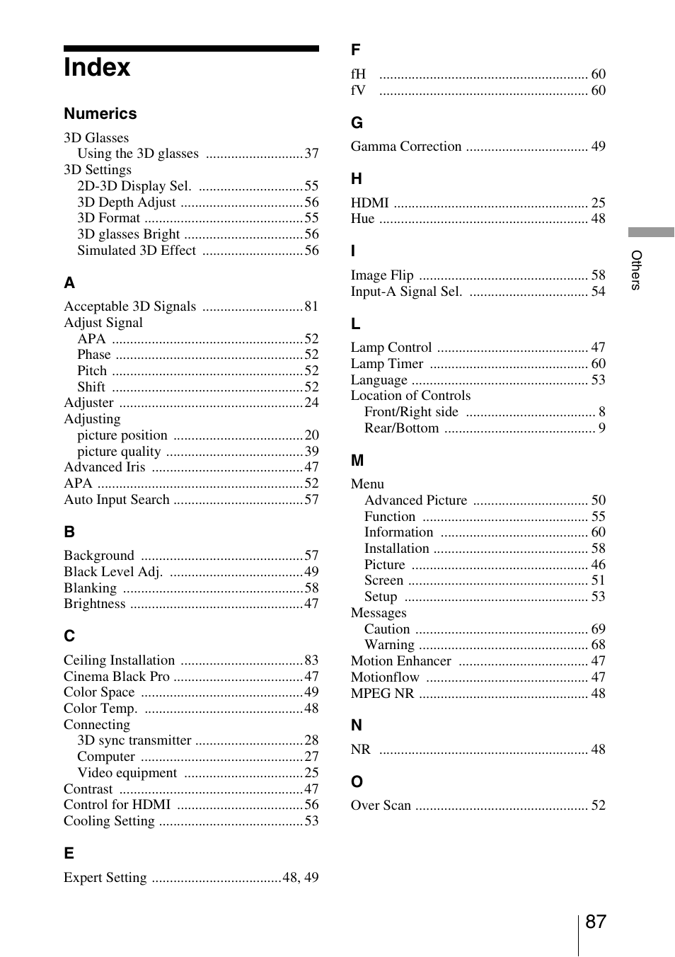 Index | Sony VPL-HW30ES User Manual | Page 87 / 91