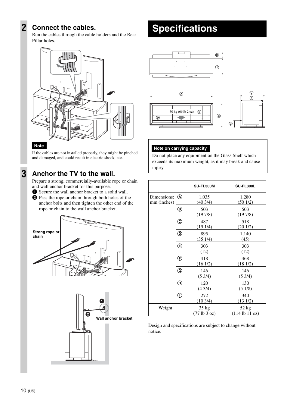 Specifications, Connect the cables, Anchor the tv to the wall | Sony SU-FL300M User Manual | Page 10 / 36