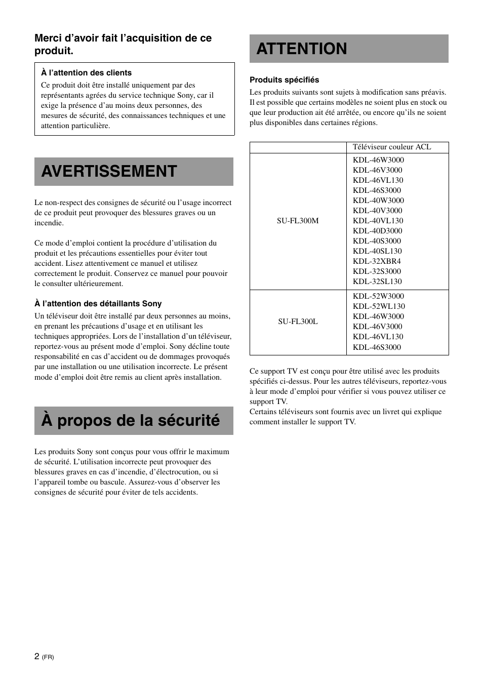 Avertissement à propos de la sécurité attention | Sony SU-FL300M User Manual | Page 12 / 36