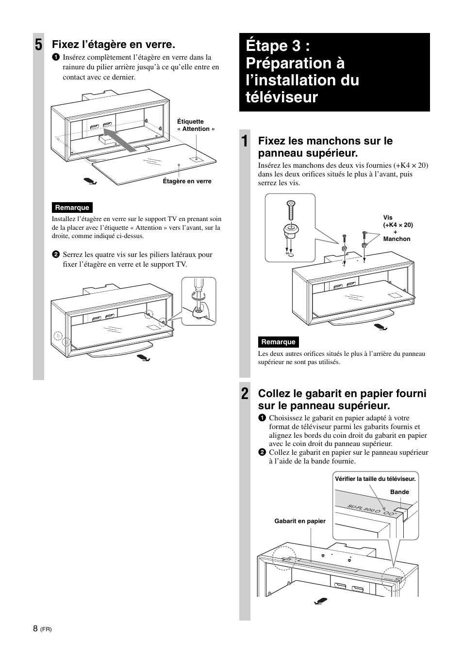 Fixez l’étagère en verre, Fixez les manchons sur le panneau supérieur | Sony SU-FL300M User Manual | Page 18 / 36