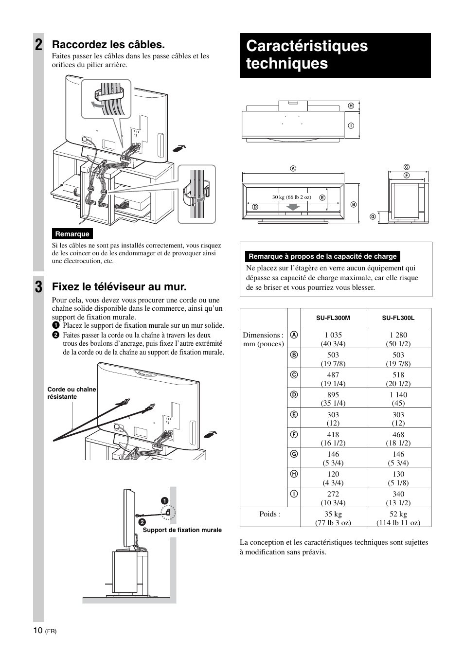 Caractéristiques techniques, Raccordez les câbles, Fixez le téléviseur au mur | Sony SU-FL300M User Manual | Page 20 / 36