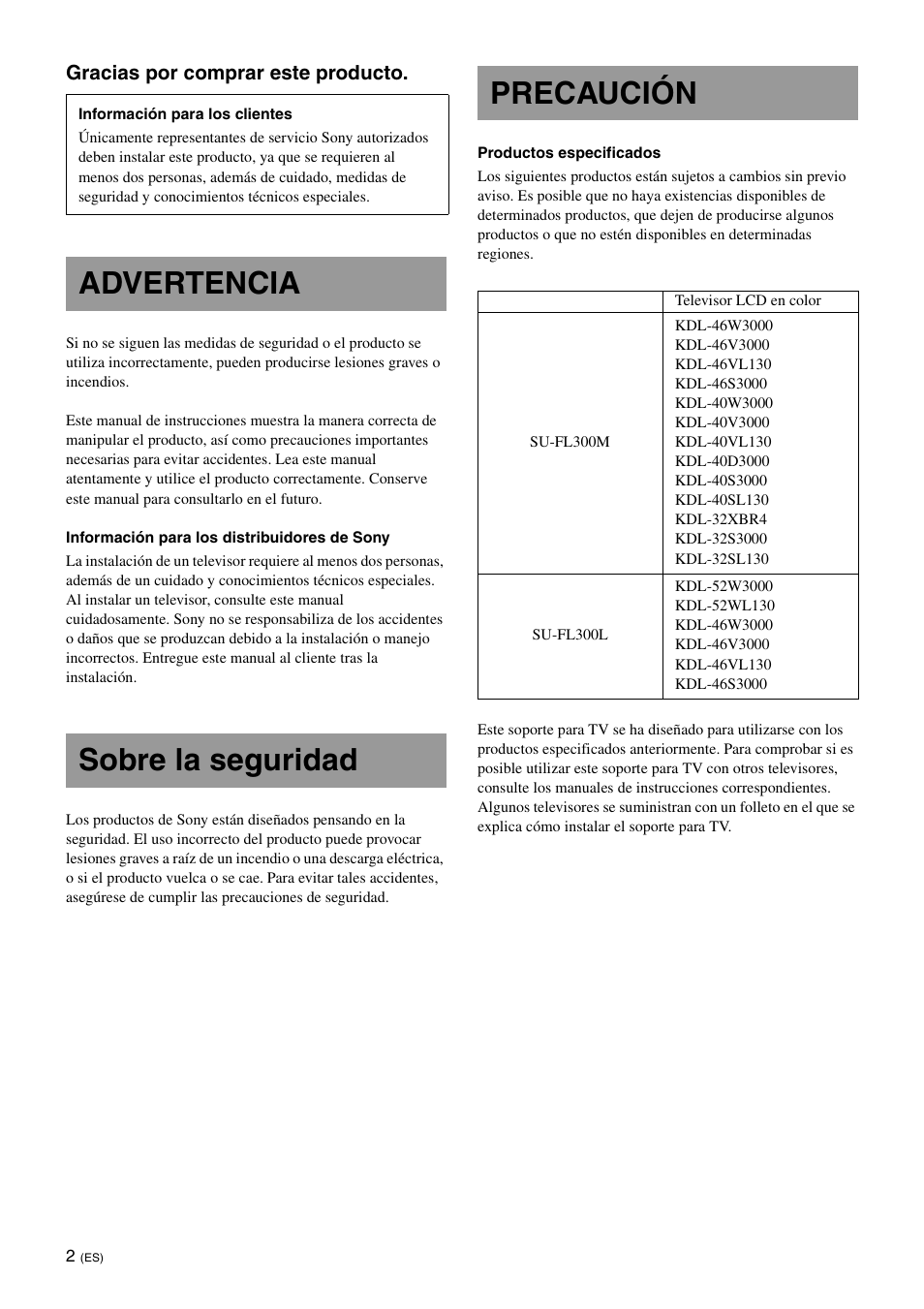 Advertencia sobre la seguridad precaución | Sony SU-FL300M User Manual | Page 22 / 36