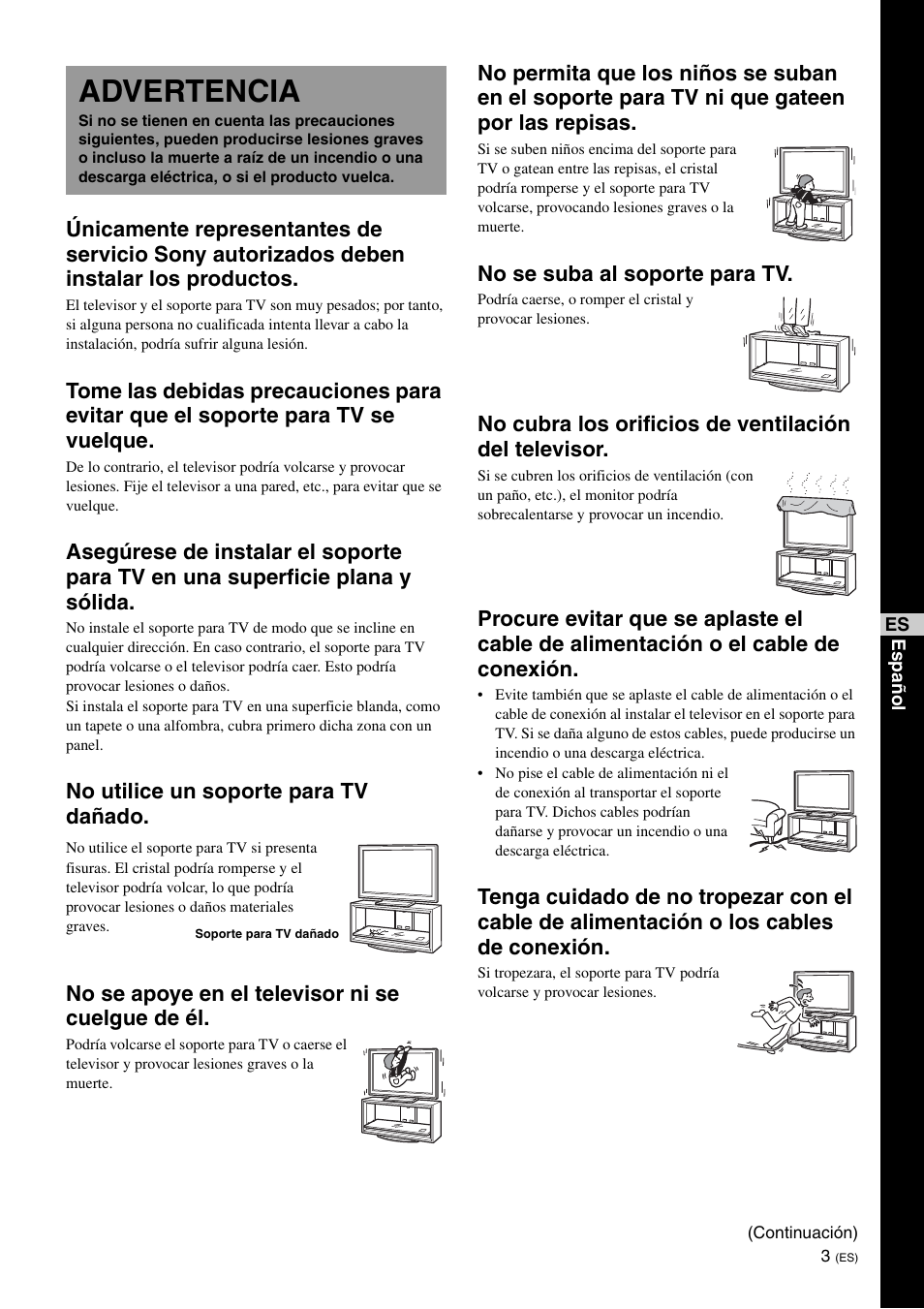 Advertencia, No se suba al soporte para tv | Sony SU-FL300M User Manual | Page 23 / 36