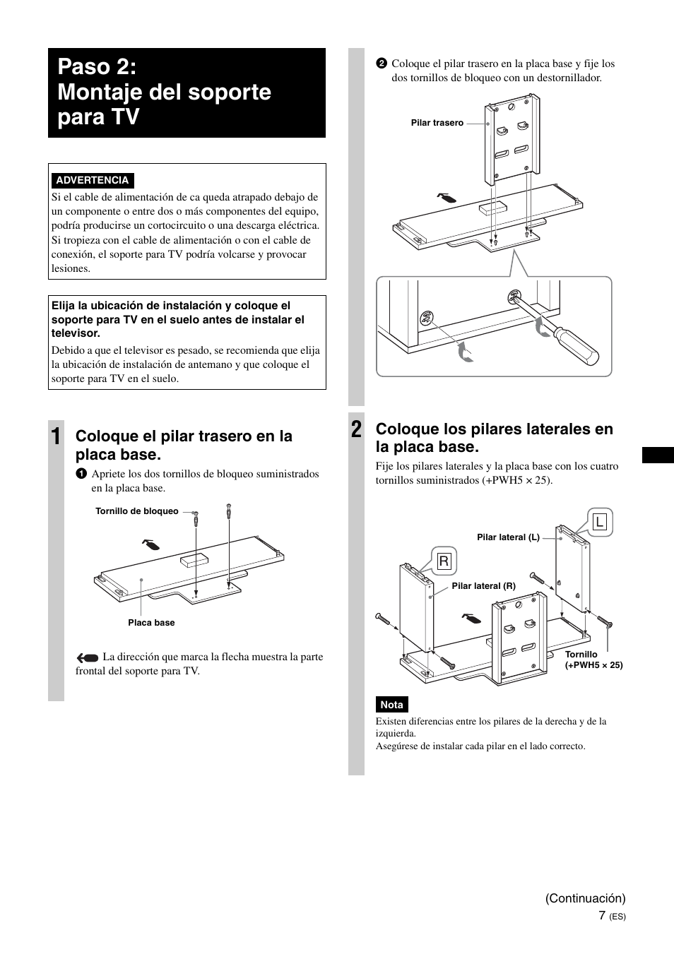 Paso 2: montaje del soporte para tv, Coloque el pilar trasero en la placa base, Coloque los pilares laterales en la placa base | Sony SU-FL300M User Manual | Page 27 / 36