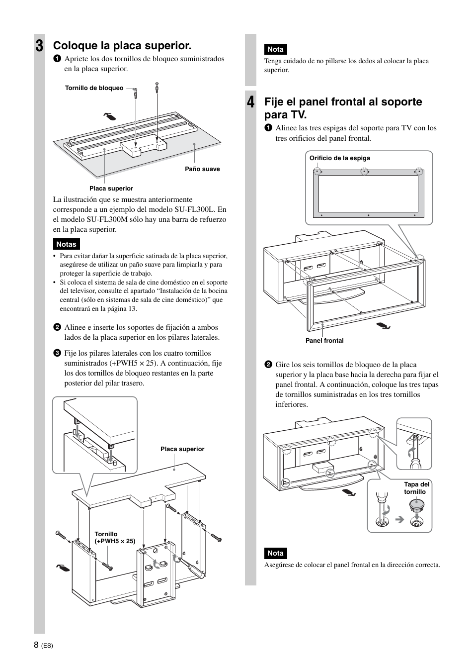 Coloque la placa superior, Fije el panel frontal al soporte para tv | Sony SU-FL300M User Manual | Page 28 / 36