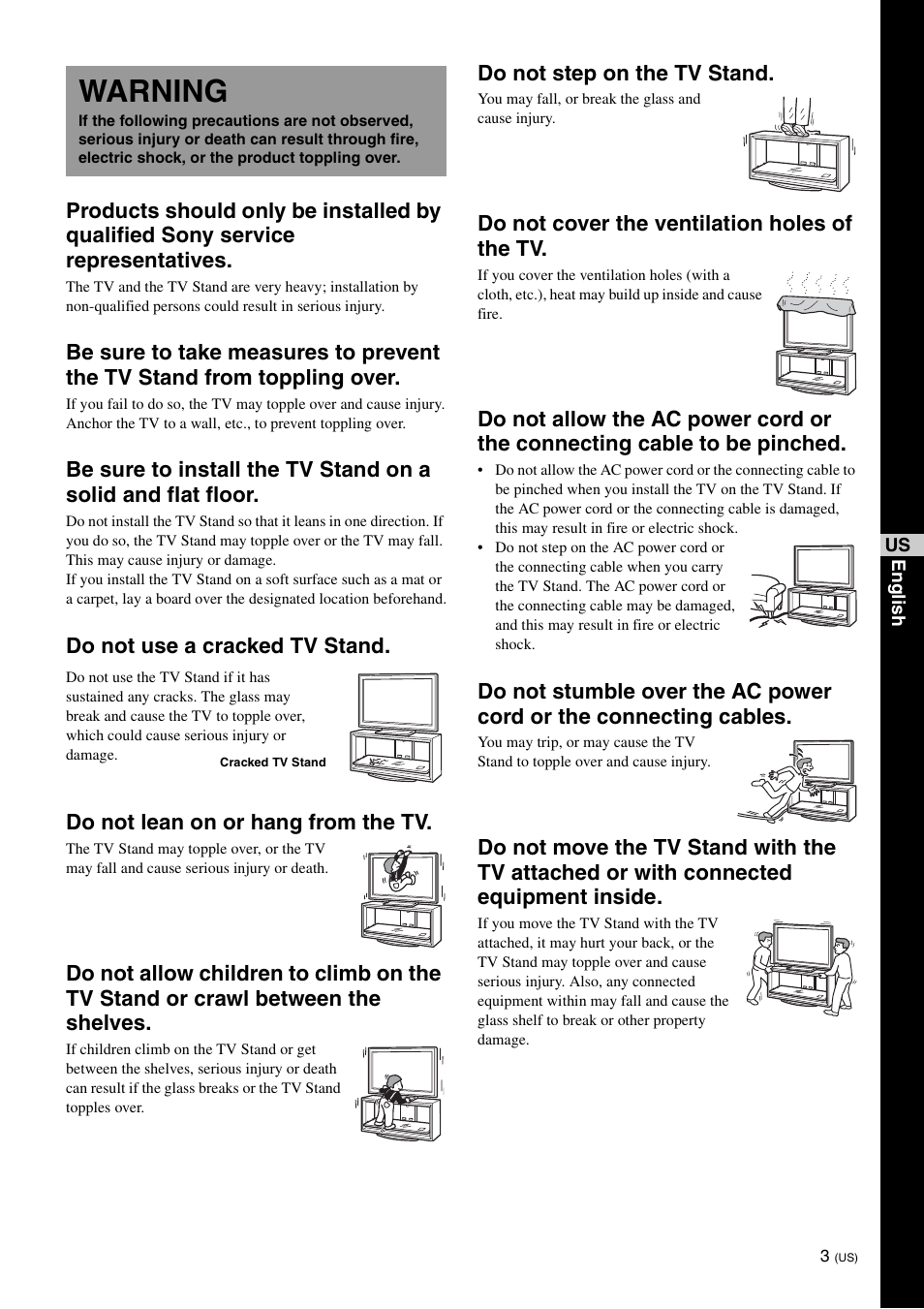 Warning, Do not step on the tv stand, Do not cover the ventilation holes of the tv | Sony SU-FL300M User Manual | Page 3 / 36