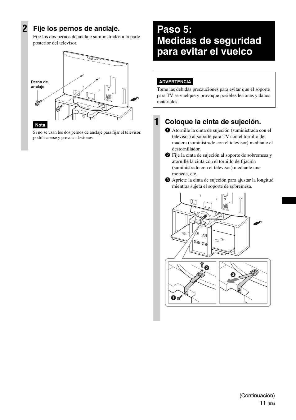 Paso 5: medidas de seguridad para evitar el vuelco, Fije los pernos de anclaje, Coloque la cinta de sujeción | Sony SU-FL300M User Manual | Page 31 / 36