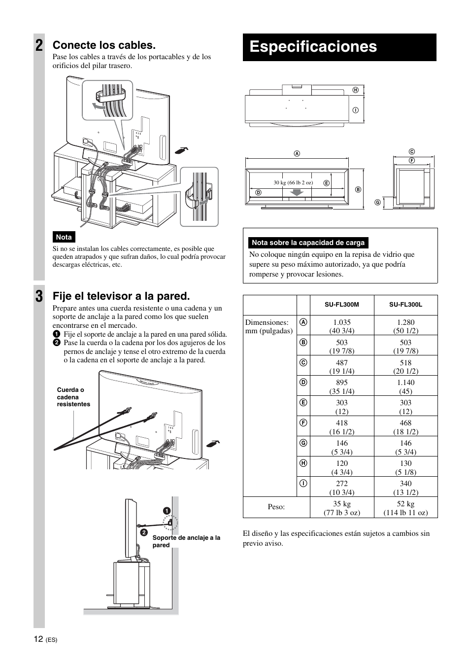 Especificaciones, Conecte los cables, Fije el televisor a la pared | Sony SU-FL300M User Manual | Page 32 / 36