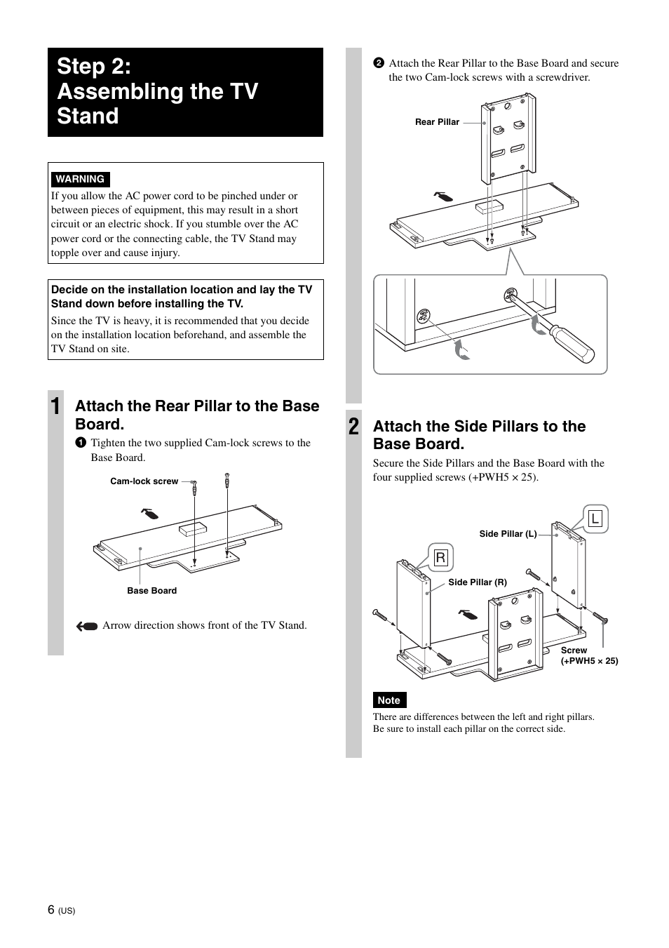 Step 2: assembling the tv stand, Attach the rear pillar to the base board, Attach the side pillars to the base board | Sony SU-FL300M User Manual | Page 6 / 36