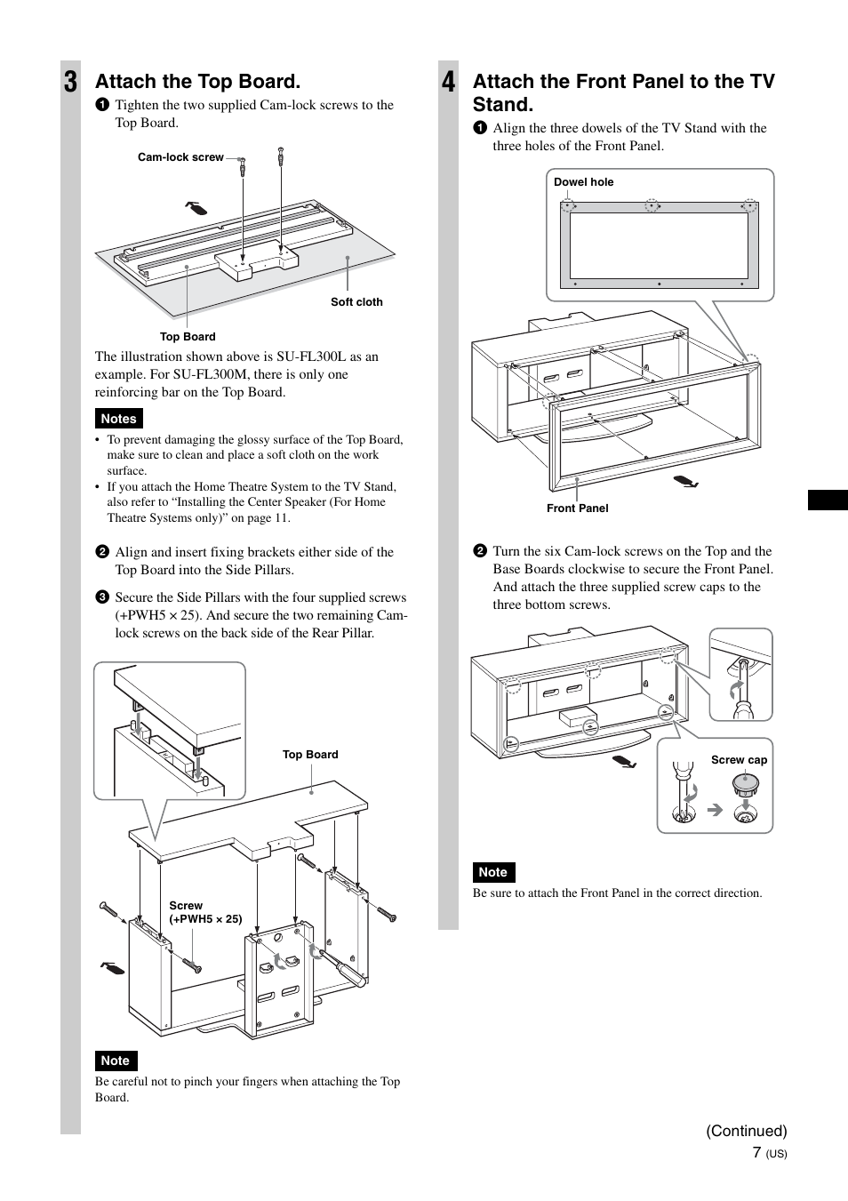 Attach the top board, Attach the front panel to the tv stand | Sony SU-FL300M User Manual | Page 7 / 36