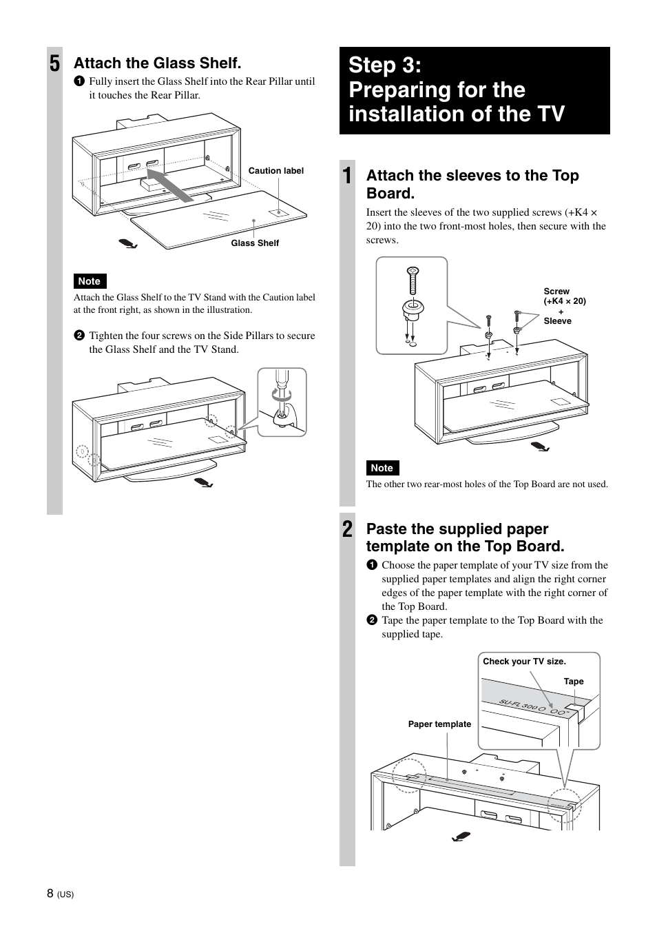 Step 3: preparing for the installation of the tv 1, Attach the glass shelf, Attach the sleeves to the top board | Paste the supplied paper template on the top board | Sony SU-FL300M User Manual | Page 8 / 36