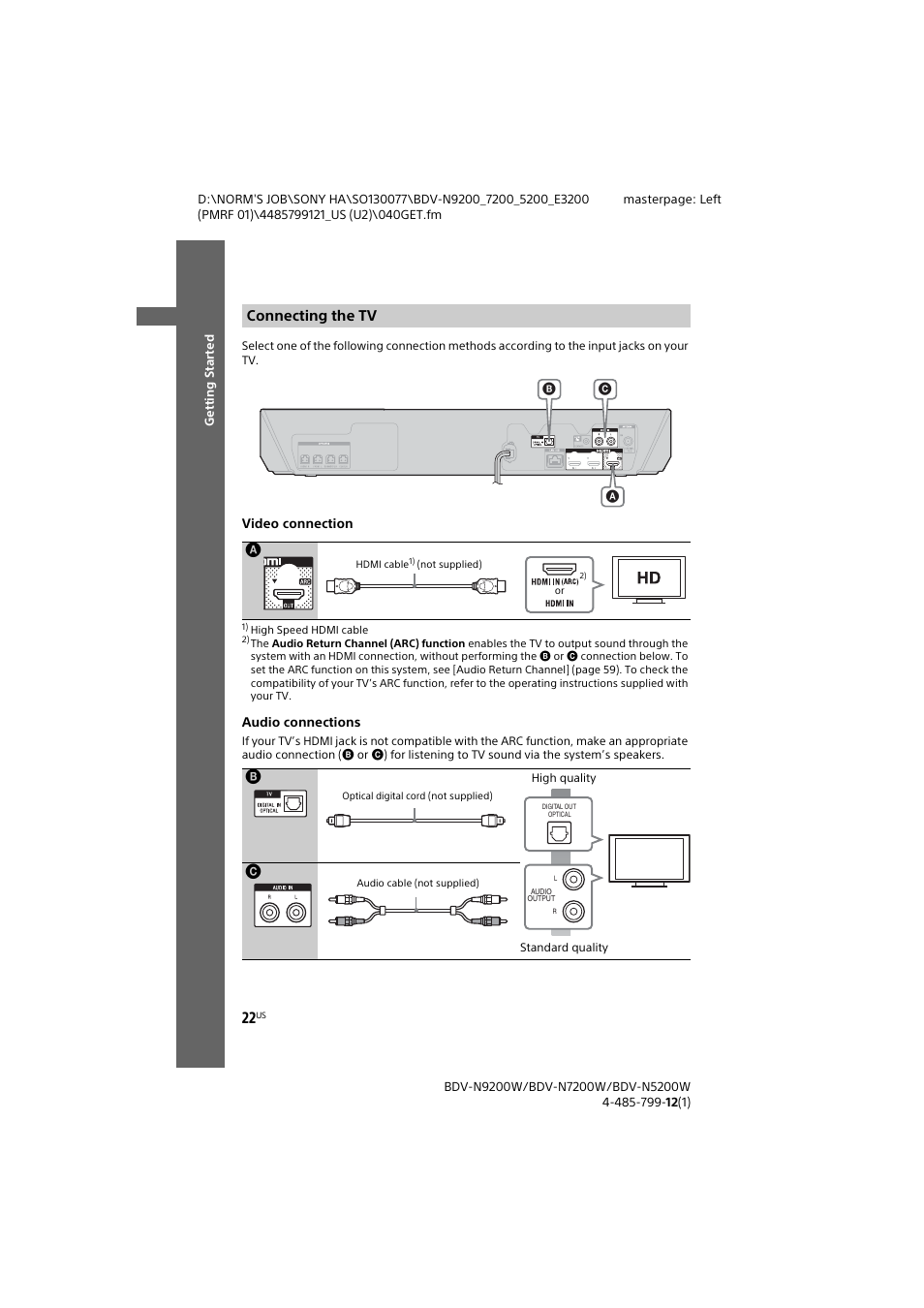 Connecting the tv, Connecting the tv a | Sony BDV-N7200W User Manual | Page 22 / 84