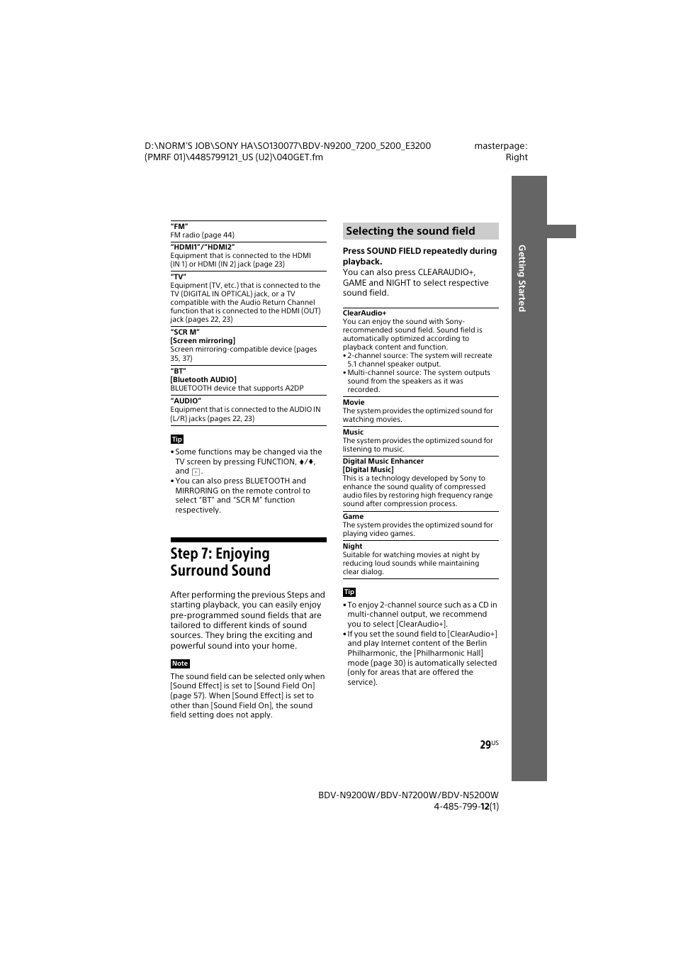 Step 7: enjoying surround sound, Step 7: enjoying surround, Sound | Selecting the sound field | Sony BDV-N7200W User Manual | Page 29 / 84