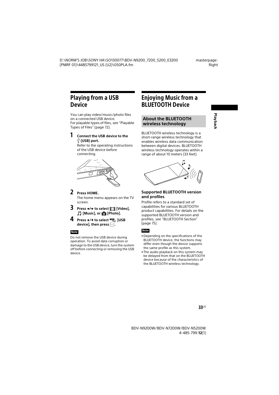 Playing from a usb device, Enjoying music from a bluetooth device, Playing from a usb device enjoying music from a | Bluetooth device | Sony BDV-N7200W User Manual | Page 33 / 84