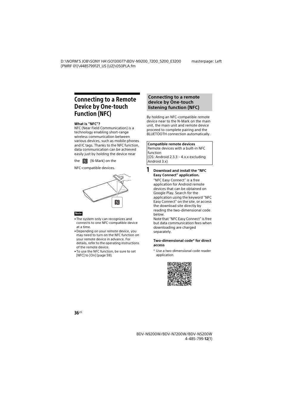 Connecting to a remote, Device by one-touch function (nfc) | Sony BDV-N7200W User Manual | Page 36 / 84