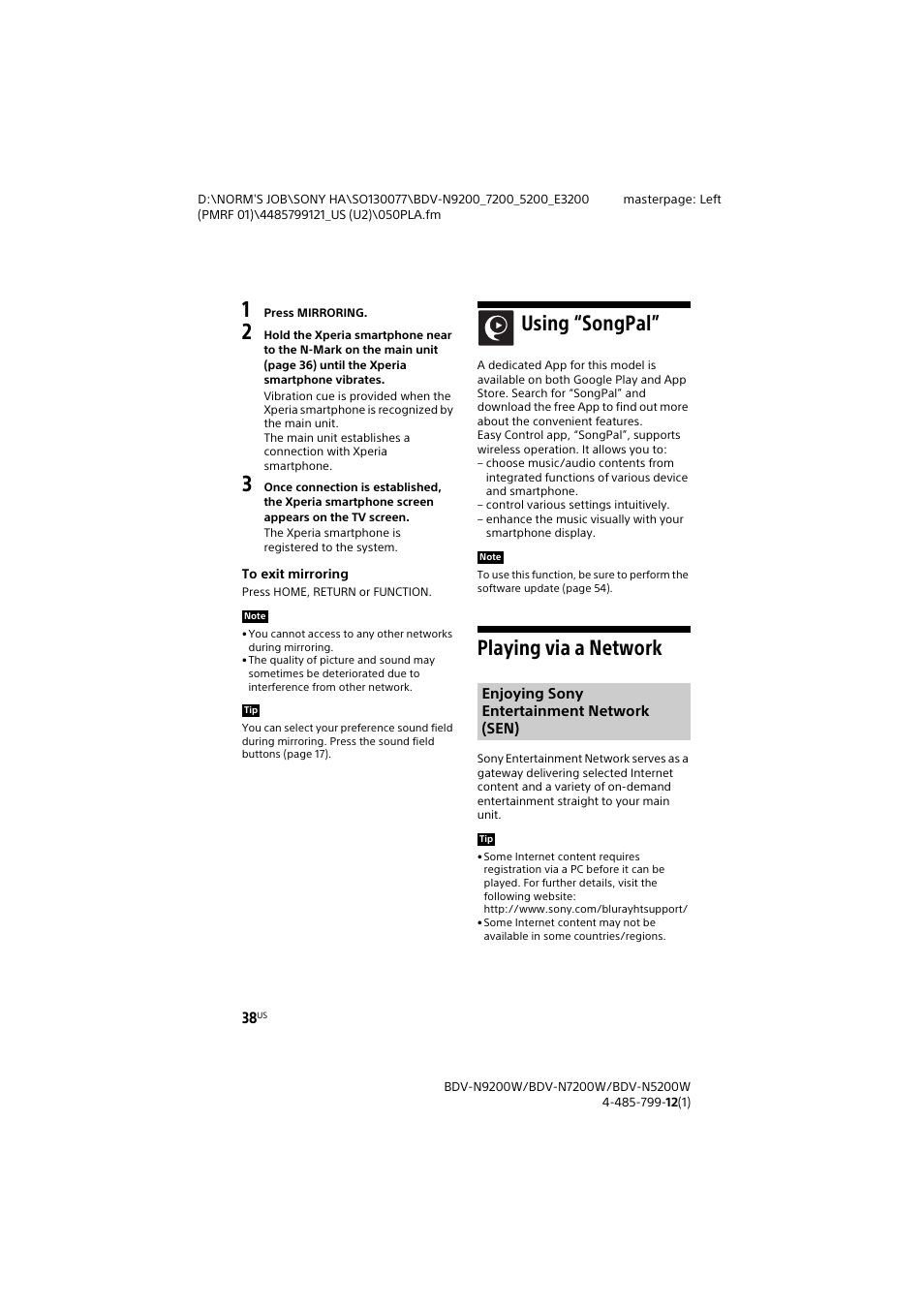 Using “songpal, Playing via a network, Using “songpal” playing via a network | Es 35, 38) | Sony BDV-N7200W User Manual | Page 38 / 84