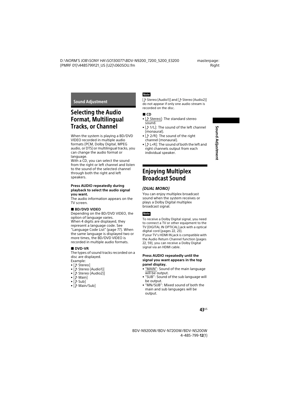 Sound adjustment, Enjoying multiplex broadcast sound, Selecting the audio format | Multilingual tracks, or channel, Enjoying multiplex broadcast, Sound | Sony BDV-N7200W User Manual | Page 43 / 84