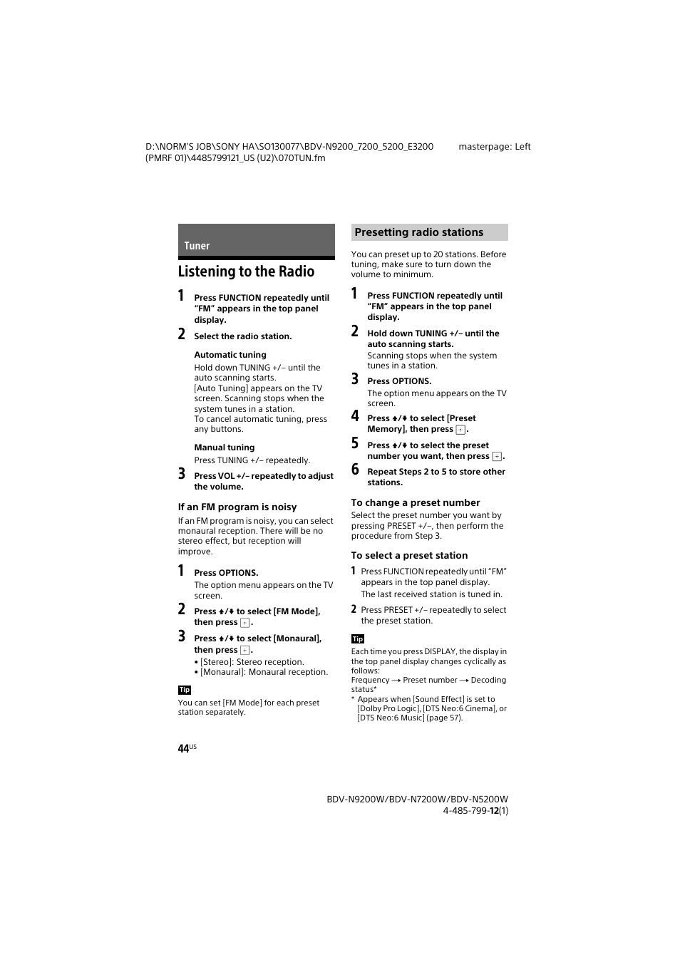 Tuner, Listening to the radio | Sony BDV-N7200W User Manual | Page 44 / 84